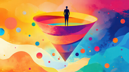 Vibrant abstract illustration featuring colorful funnel shape with silhouette standing inside. background is filled with swirling colors and circular shapes, creating dynamic and energetic