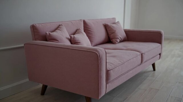 Modern living-room minimalistic interior with pink sofa near empty white wall. - Modern living-room minimalistic interior with pink sofa near empty white wall. - pink