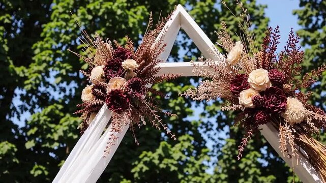 Ceremonial Triangle-Shaped Nuptial Arbor Adorned with Preserved Botanicals