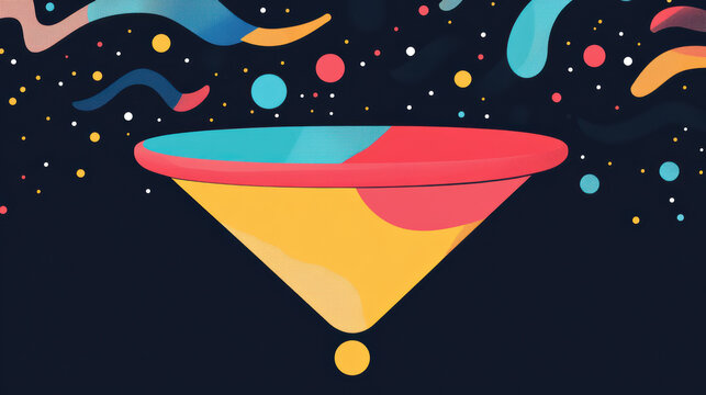 Colorful abstract design featuring funnel shape with vibrant patterns and dynamic elements in background, creating lively and engaging visual experience