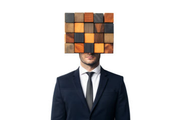 Creative business concept A businessman with a square pixelated head, symbolizing digital transformation and innovation