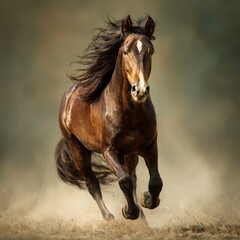 A brown horse is running through the dirt