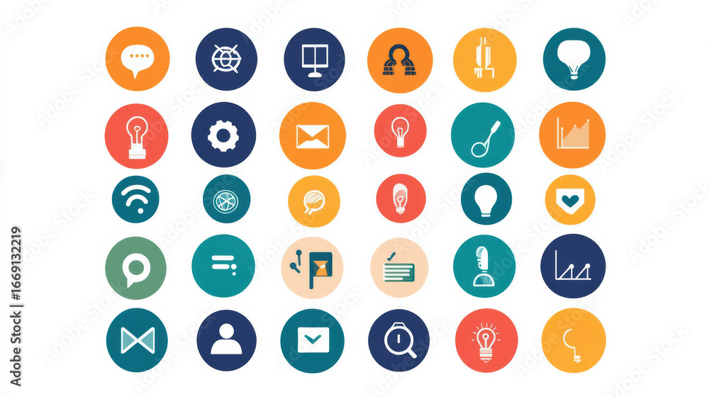 Poster colorful icons representing various concepts such as communication, technology, and creativity. desi