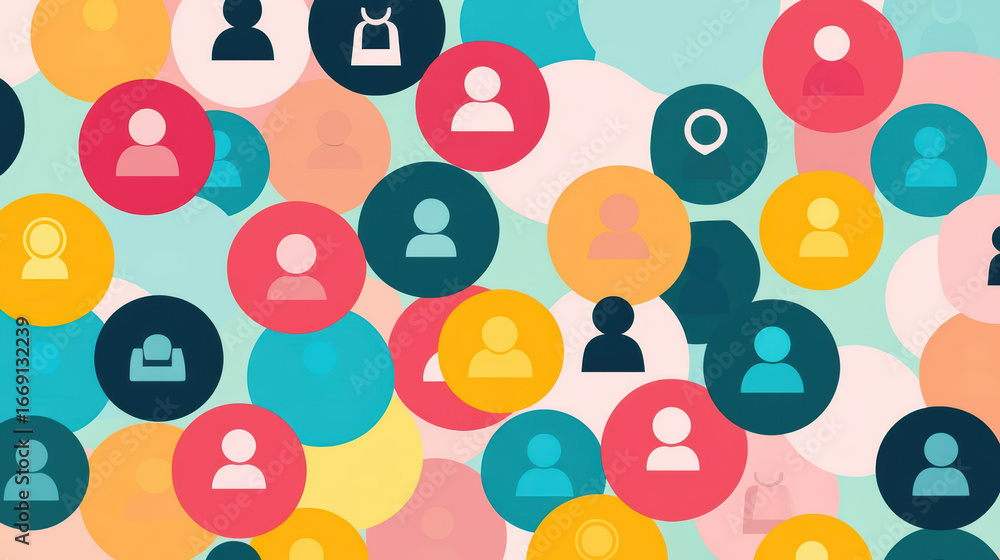 Poster colorful circles featuring abstract human figures and icons represent social interaction and communi