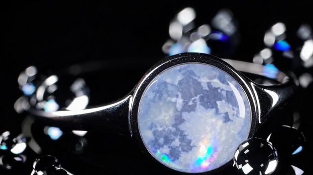 Jewelry item featuring Adularia gemstone on ebony background with liquid droplets