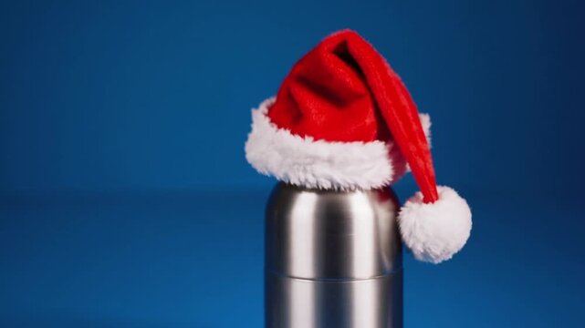 Festive Holiday Sports Arrangement Featuring Dumbbells and Water Bottle Wearing Red Santa Hat on Blue Surface