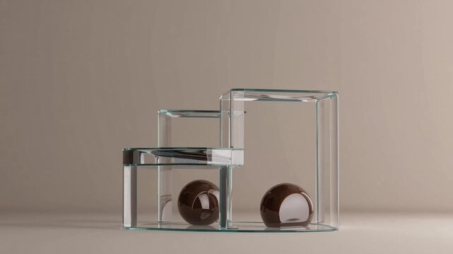 Sophisticated raised platform with transparent glass circular forms and see-through amber discs on light tan background, digital illustration