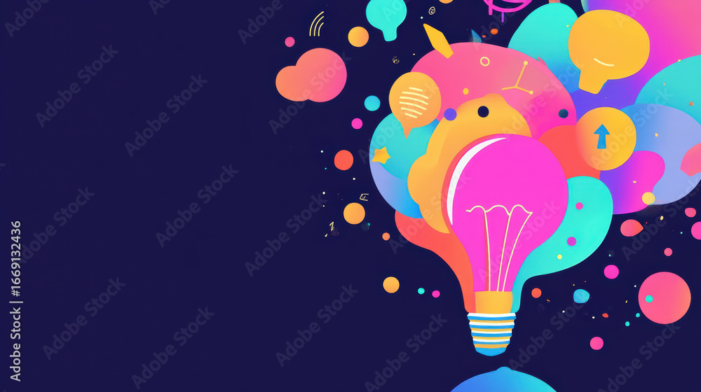 Poster bright and colorful round shapes illustrate brainstorming concepts, featuring light bulb surrounded 