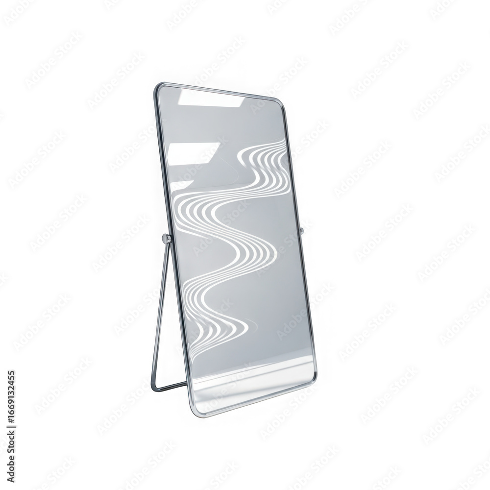 Poster modern tabletop mirror with a sleek stand, reflecting a stylized pattern, isolated on a transparent 
