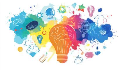 Creative brainstorming illustration featuring light bulb surrounded by colorful splashes and various doodles representing ideas and innovation. vibrant colors evoke sense of inspiration