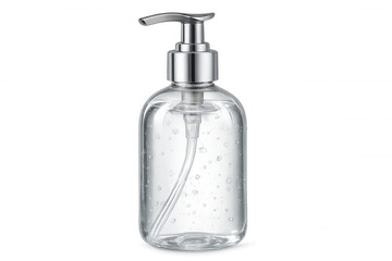 Hand sanitizer gel in clear plastic bottle featuring chrome pump dispenser, positioned against transparent background