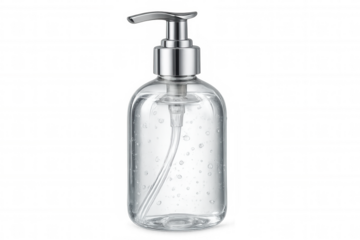 Hand sanitizer gel in clear plastic bottle featuring chrome pump dispenser, positioned against transparent background