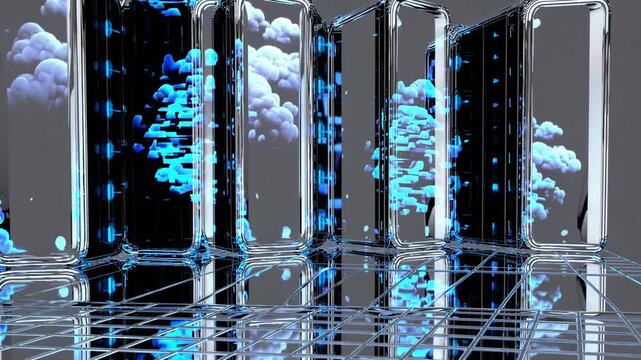 Futuristic Digital Infrastructure Visualization Featuring Highly Polished Metallic Server Structures And Cloud Data Symbols Arranged On Grid-Based Foundation