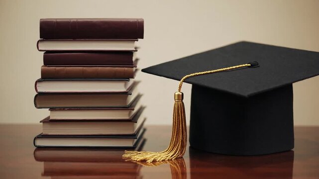 The Symbolism of Academic Achievement Represented by Classic Graduation Cap Placed Upon Stack of Books