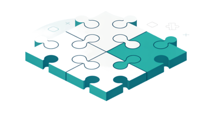 Four Puzzle Pieces Assembling - Teamwork and Solution Concept