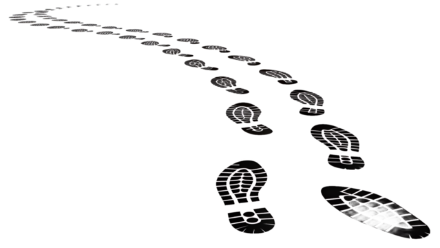 Footprints Trail, Black Shoe Prints Leading Forward, White Background