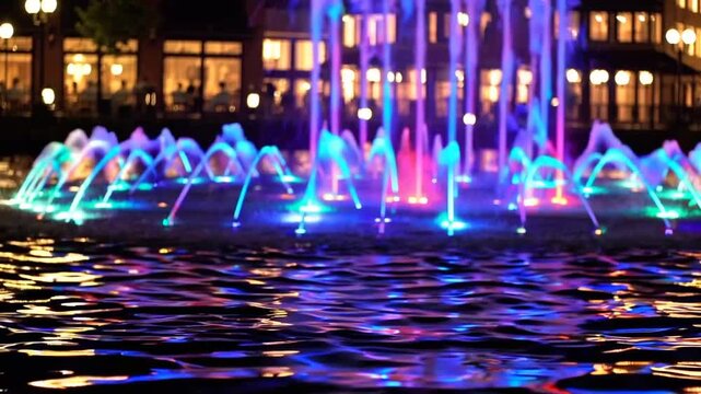 Tight shot of illuminated multi-hued water feature during evening hours at waterfront dining district