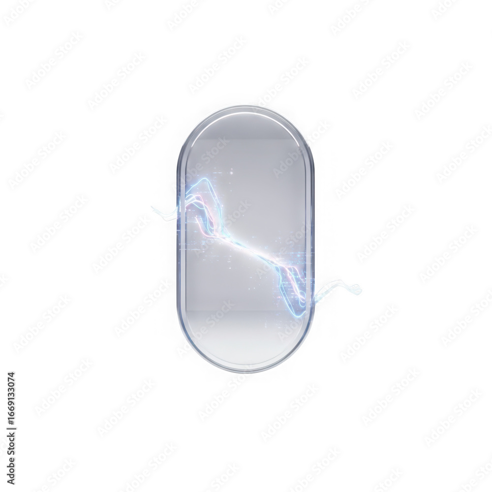 Poster abstract blue lightning bolt striking through a smooth, shiny oval shape, isolated on transparent ba