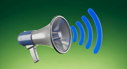 Digital marketing announcement concept with megaphone and wireless signals on a green background illustrating communication and promotional outreach