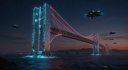 Futuristic Bridge Illuminated with Neon Lights and Flying Sci- Fi Craft suspension bridge