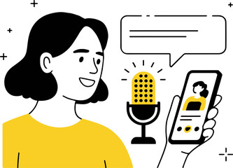Woman with podcast microphone and smartphone showing a profile in a yellow and black illustration