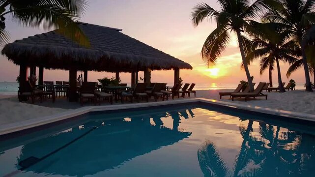Island Resort Beach Bar and Eatery with Swimming Pool and Palm Trees During the Sunset's Golden Hour