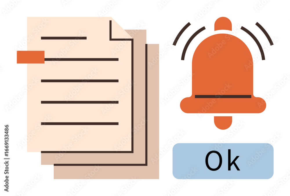 Aufkleber stack of documents alongside a bell icon with notification waves and an ok button. ideal for task co