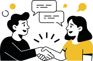 Man and woman shaking hands with speech bubbles and yellow circles in a vector illustration