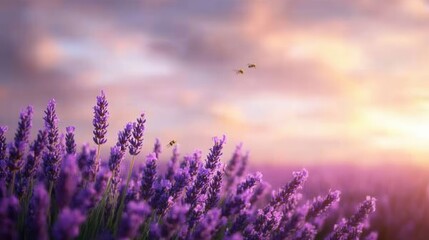 Obraz premium Stunning lavender field at sunset with bees soaring against a beautifully hued sky