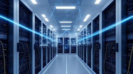 Data Center Servers Processing Information with Futuristic Visualizations, Showing Network Connections and Data Flow in a Modern Server Room - Powered by Adobe