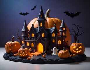 Fototapeta premium Vibrant Claymation Haunted Mansion in Halved Squash with Flying Witch