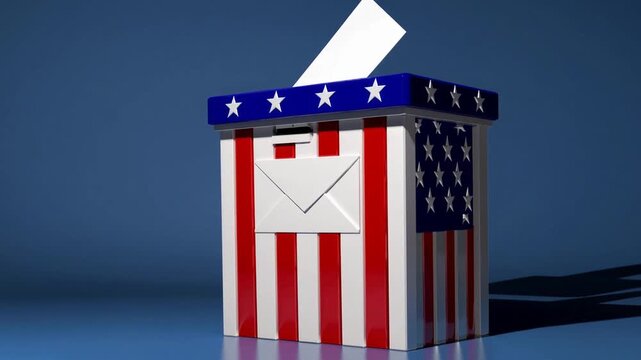 The Electoral Process In The United States Depicted By Patriotic Themed Ballot Receptacle And White Envelope Placed Upon Azure Colored Backdrop