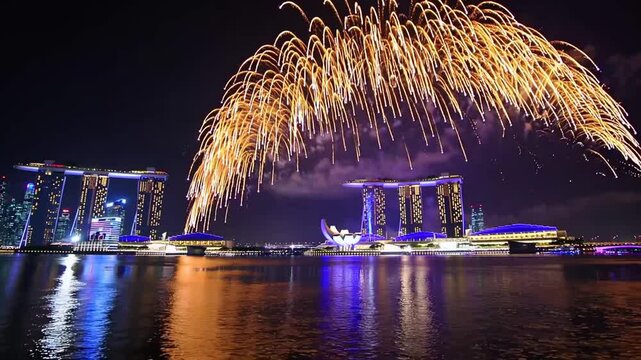 Spectacular Firework Display Lighting Up the Night Sky in Singapore with Colorful Explosions