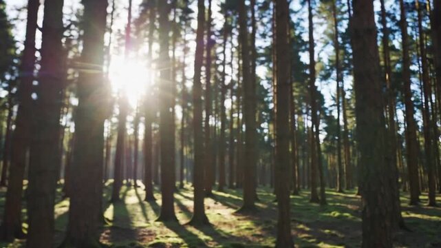 Sunbeam Filtering Through the Canopy of Trees in Dense Woodland Area