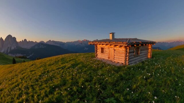 Miniature timber log cottage on grassland area.
