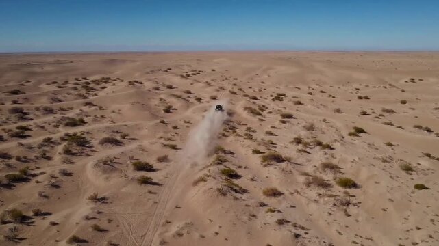Automobile traversing from afar the arid expanse of high-altitude desert region