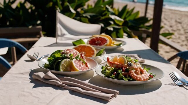 Al fresco dining setup with midday meal dishes containing crustacean marine fruit salad, citrus fruit and romaine lettuce meals on bright daylight beside the coast
