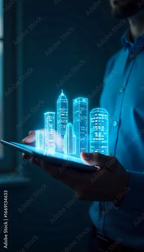 Poster generative ai: architectural hologram displayed on tablet device.