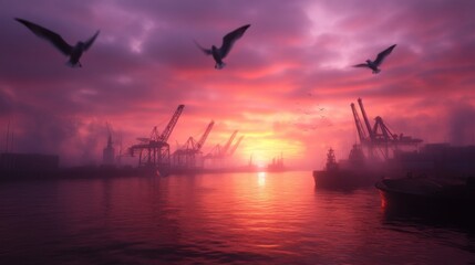 Obraz premium Dramatic port sunset: seagulls and cranes silhouetted against a vibrant sky