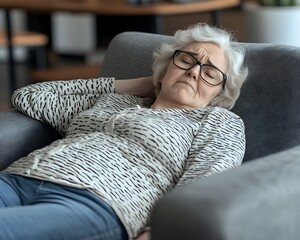 Elderly Woman Relaxing on Sofa Feeling Tired and Aching