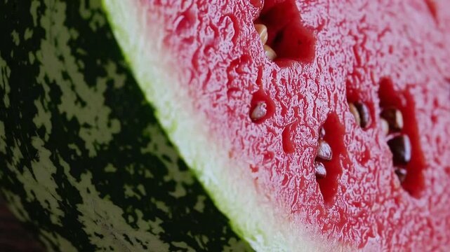 Detailed textural close-up of the red inner flesh of sweet watermelon fruit