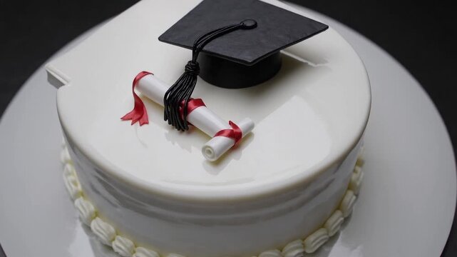 white celebratory confectionery creation adorned with academic cap atop and embellished with scroll ornament, captured from overhead perspective