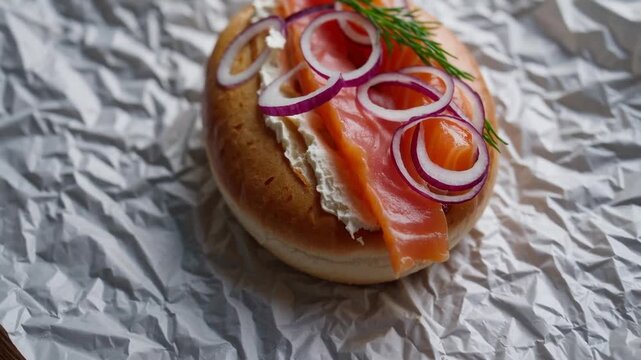 Detailed Elevated View of Round Bread Roll Stuffed with Creamy Spread, Fish, and Herbs