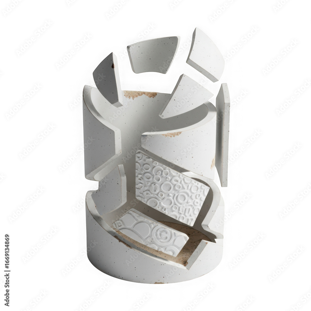 Poster white abstract geometric vase with carved patterns, isolated on transparent background