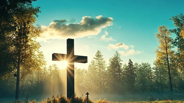 Cross silhouette in a serene, sunlit meadow with trees and a peaceful atmosphere.