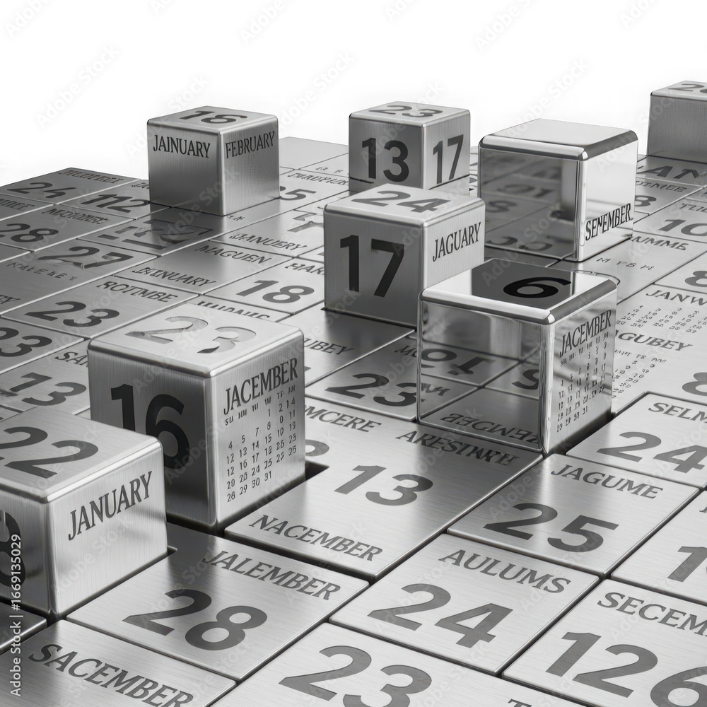 Poster metallic calendar cubes with dates and months, arranged on a grid surface, symbolizing time and plan