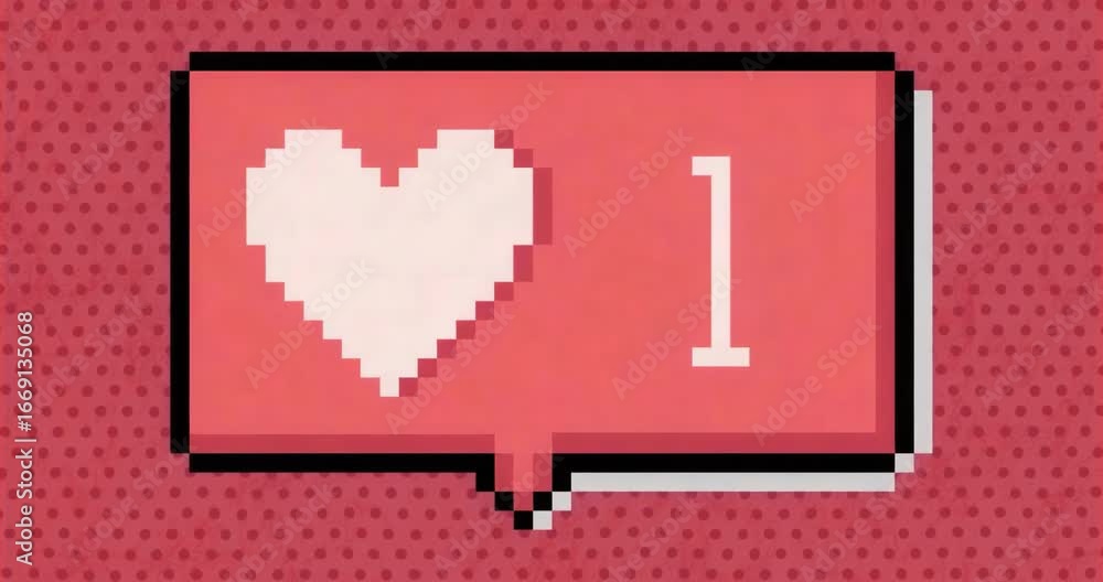 Poster on loop start pixel bubble, counter cycling updating likes, pulsing on red polka-dot backdrop