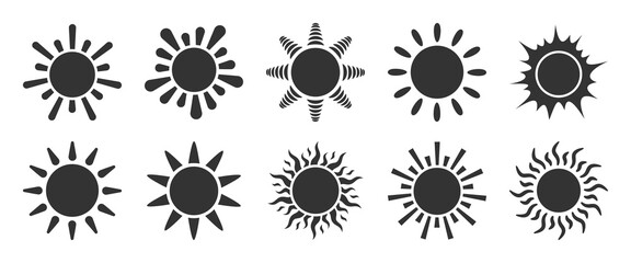 Sun icon black silhouette set, abstract flat radial star with various ray, graphic sunburst sign, solar image, minimal sunshine symbol, weather daylight sketch, heat pictogram, circular energy emblem