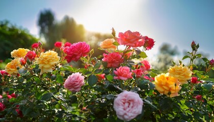 delicate roses showcased in shades of pink red and yellow are arranged beautifully among lush green foliage under the warm sun of a bright day generative ai