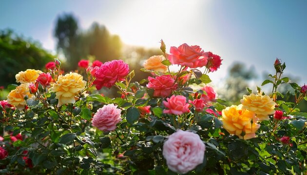 delicate roses showcased in shades of pink red and yellow are arranged beautifully among lush green foliage under the warm sun of a bright day generative ai